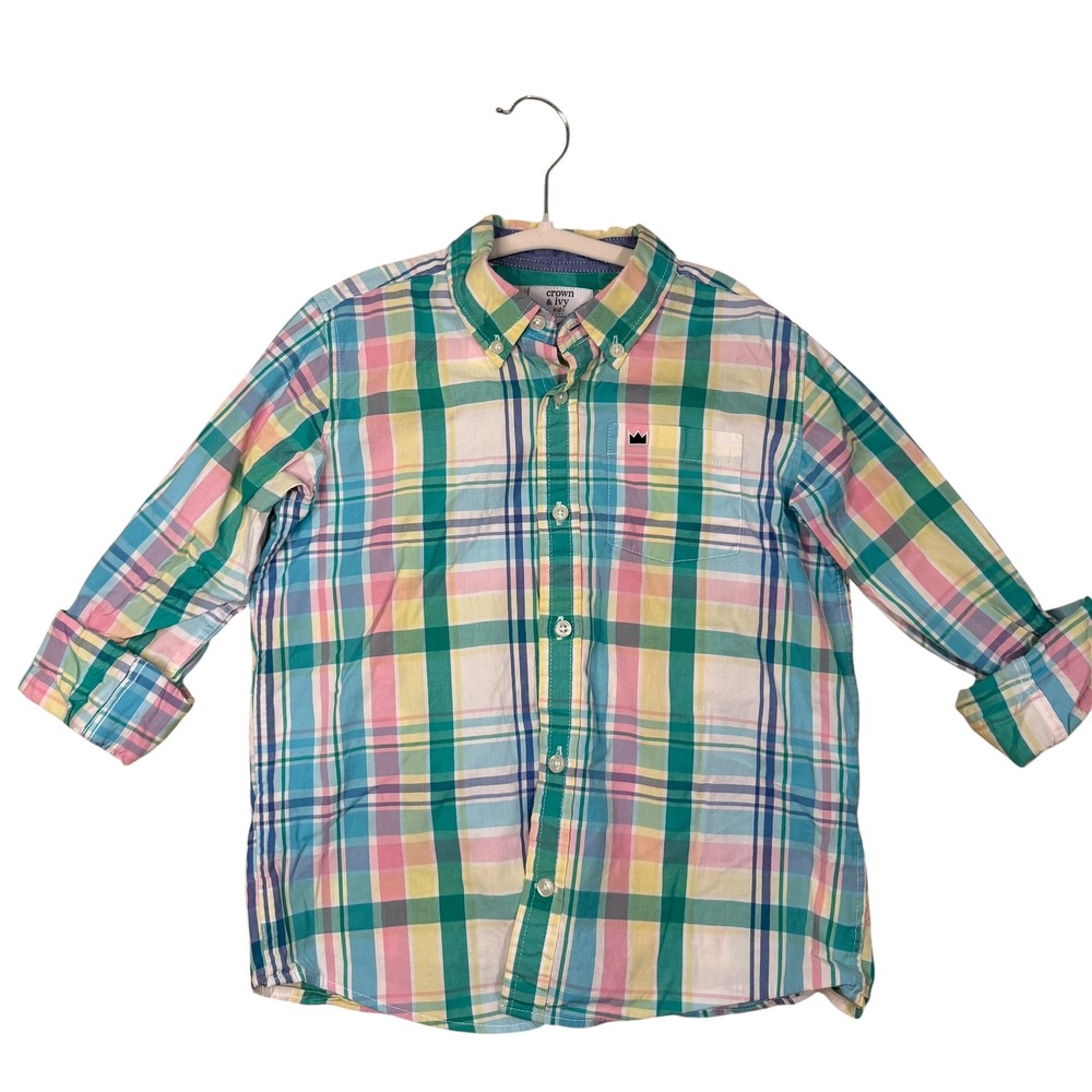 Crown & Ivy Kids Boys Multi Color Plaid Button Down Shirt Size 7 Long Sleeve